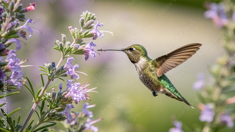 Fototapeta premium Hummingbird flying and collecting nectar, wildlife photo. 