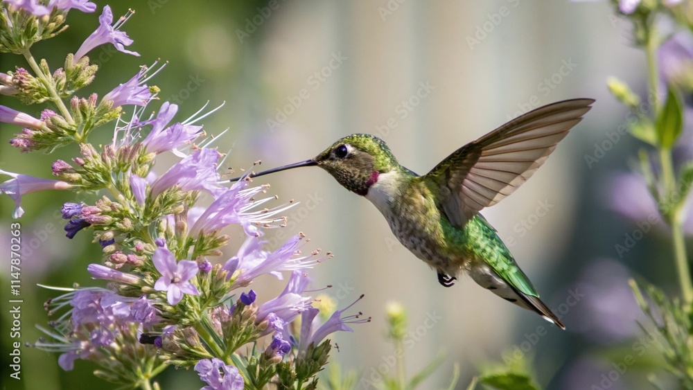 Fototapeta premium Hummingbird flying and collecting nectar, wildlife photo. 