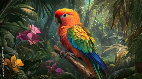 Wallpaper Mural A vibrant Sun Conure parrot perched on a branch in a lush jungle Torontodigital.ca