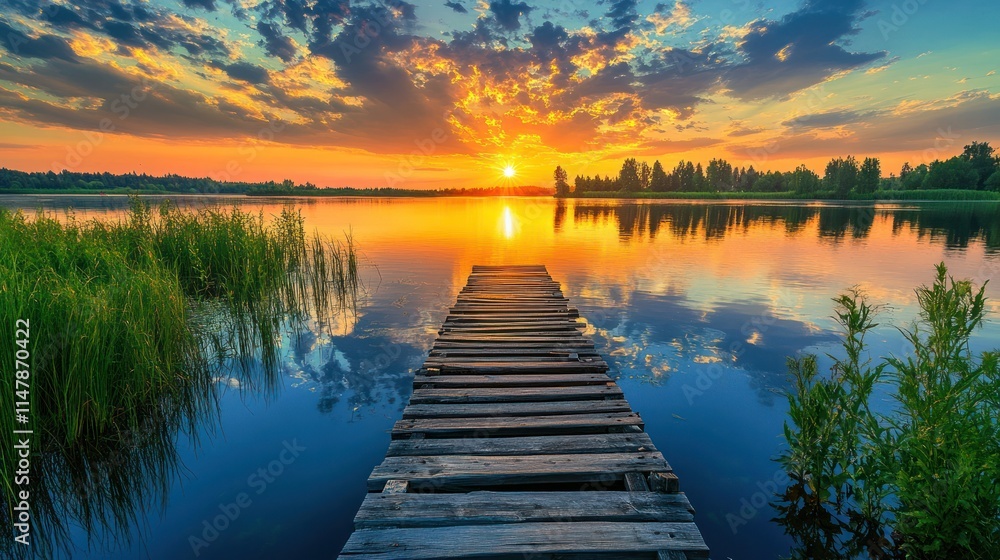 Obraz premium Serene Sunset over Calm Lake with Wooden Dock