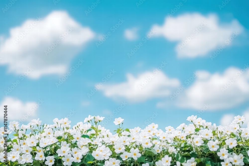 Beautiful White Flowers Against a Bright Blue Sky with Clouds