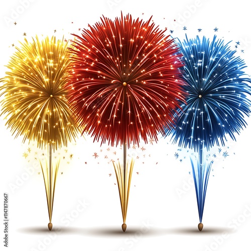 An animated happy new year 2025 illustration showcasing a central cartoon-style fireworks display with vibrant, contrasting colors bursting against a pure white background. The design features 