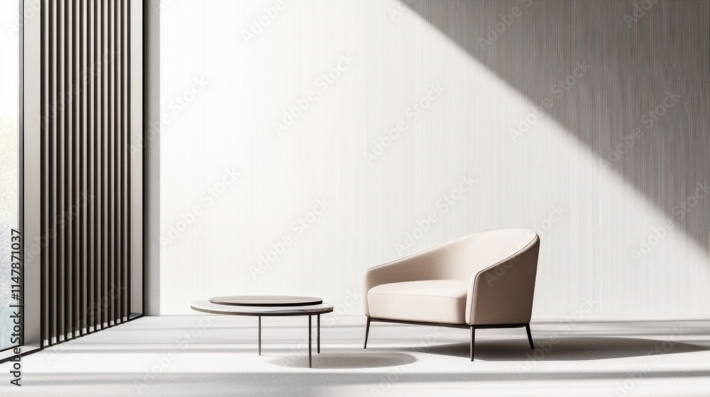 Minimalist modern lounge with clean, stylish design. Featuring sleek furniture and neutral tones Minimalist modern lounge with clean, stylish design. Featuring sleek furniture and neutral tones