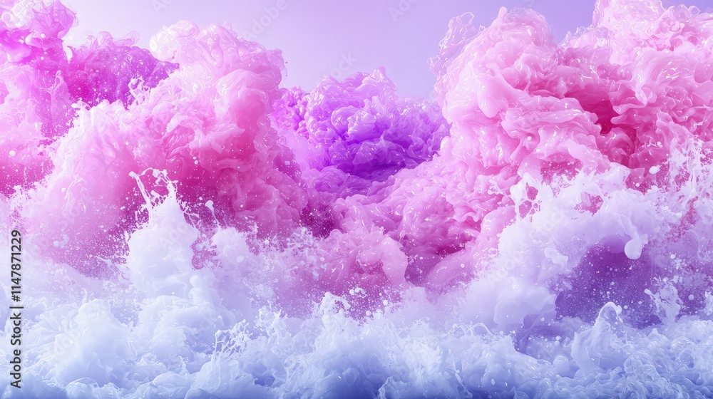 Fototapeta premium Abstract background featuring swirling clouds of pink and purple ink mixing with white foam against a soft lavender backdrop.