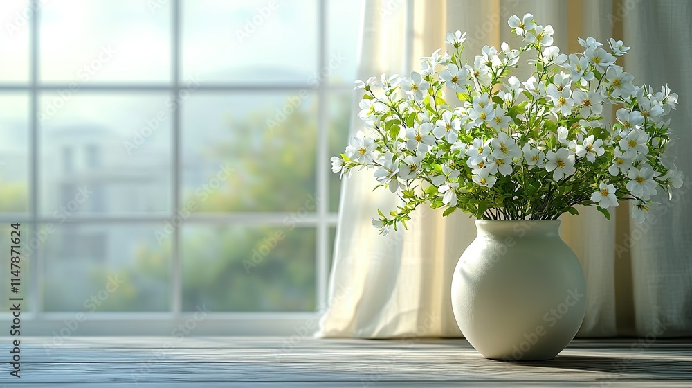 A serene vase of white flowers by a window, enhancing a tranquil indoor atmosphere. A serene vase of white flowers by a window, enhancing a tranquil indoor atmosphere.