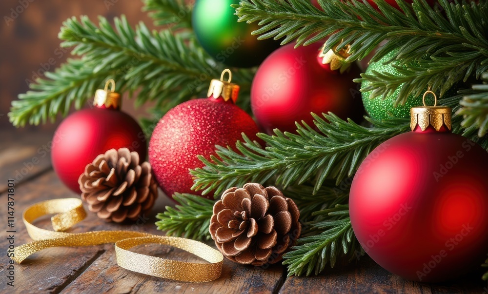 Festive decorations with red and green ornaments Festive decorations with red and green ornaments
