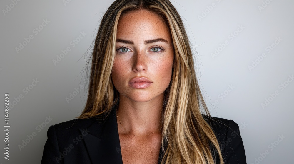 Close-up portrait of a young woman with long blonde hair, wearing a black blazer, against a light gray background. Close-up portrait of a young woman with long blonde hair, wearing a black blazer, against a light gray background.