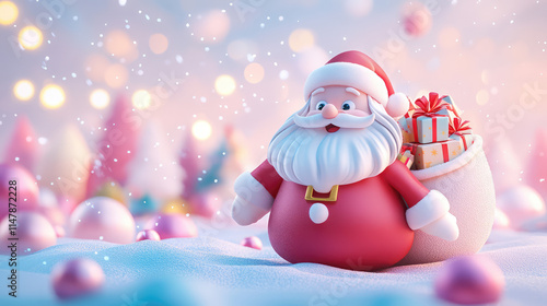 Wallpaper Mural A festive 3D pastel Santa Claus with a big sack of gifts stands proudly as twinkling lights and gentle snowfall create a magical holiday atmosphere. Torontodigital.ca