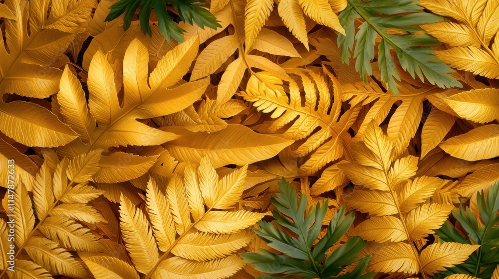 Obraz premium The Golden Fern Elegance background features intricate golden fern fronds intertwined with delicate leaves