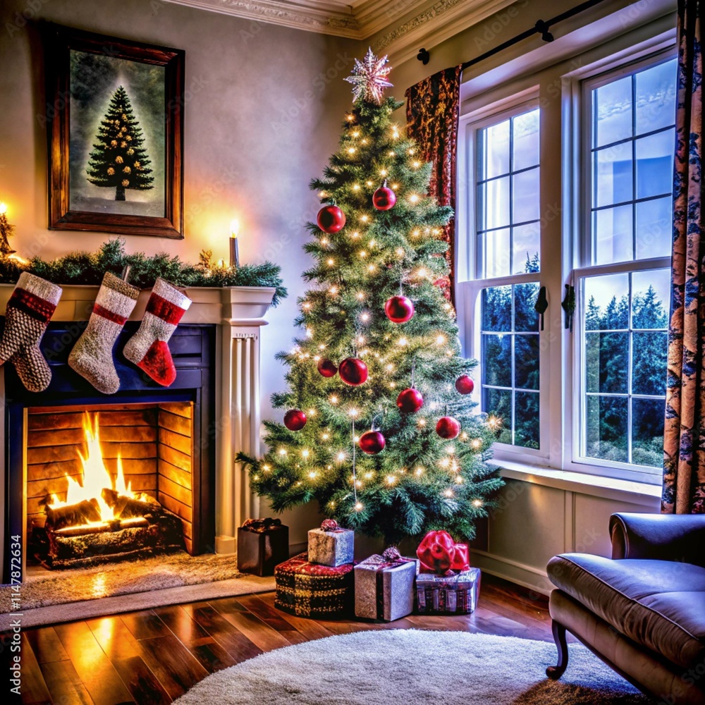 House decoration on Christmas | fireplace with Christmas tree decorations House decoration on Christmas | fireplace with Christmas tree decorations