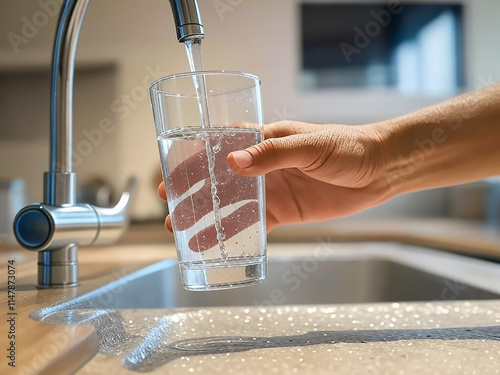 una mano de un hombre llenando un vaso de cristal con agua de una grifo en una cocina. beber agua del grifo. agua corriente en el hogar. 