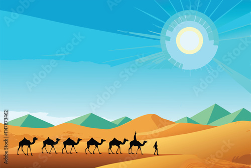 A majestic caravan of camels traversing a sun-drenched Arabian desert, dunes stretching to the horizon under a vibrant sky.