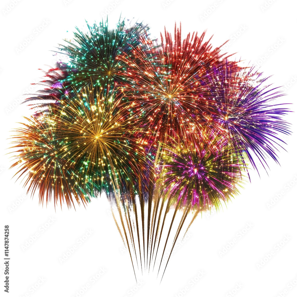 Obraz premium Spectacular multicolor fireworks display with radiant bursts in gold, purple, green, and red in a festive sky