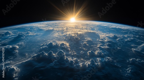 Fototapeta Naklejka Na Ścianę i Meble -  Vast view of planet Earth illuminated by a stunning sunrise over the horizon from the perspective of space