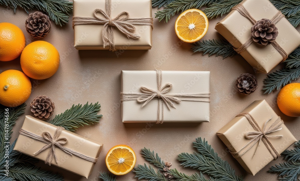Festive gifts with oranges and pinecones Festive gifts with oranges and pinecones