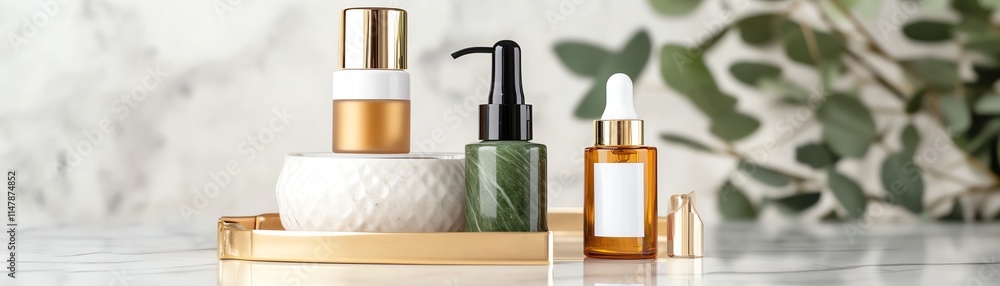 Naklejka premium A luxurious jade roller displayed alongside skincare essentials on a gold tray