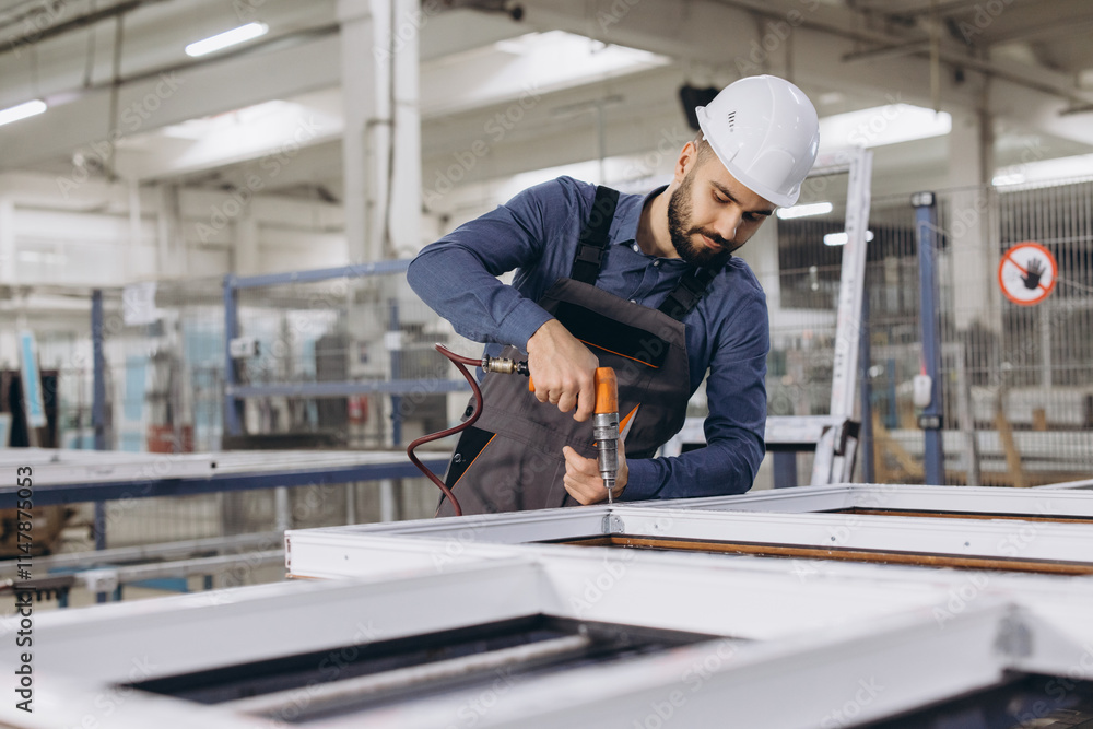 Factory worker assembling aluminum and PVC window frame using electric screwdriver Factory worker assembling aluminum and PVC window frame using electric screwdriver