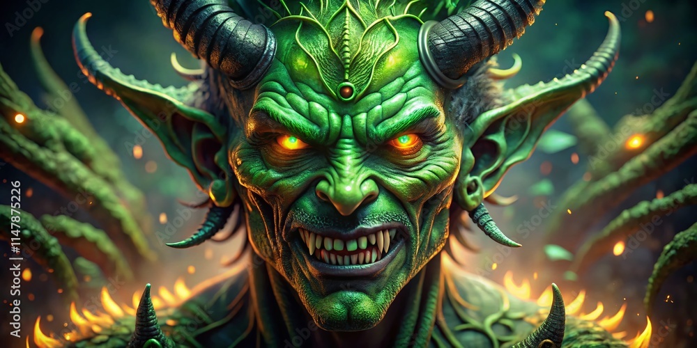 Green Demon, High Depth of Field, Fantasy Art, Digital Painting, Supernatural Creature, Green Skin, Horned Demon, Demon Art, Dark Fantasy, Mythical Creature, Green Monster Green Demon, High Depth of Field, Fantasy Art, Digital Painting, Supernatural Creature, Green Skin, Horned Demon, Demon Art, Dark Fantasy, Mythical Creature, Green Monster