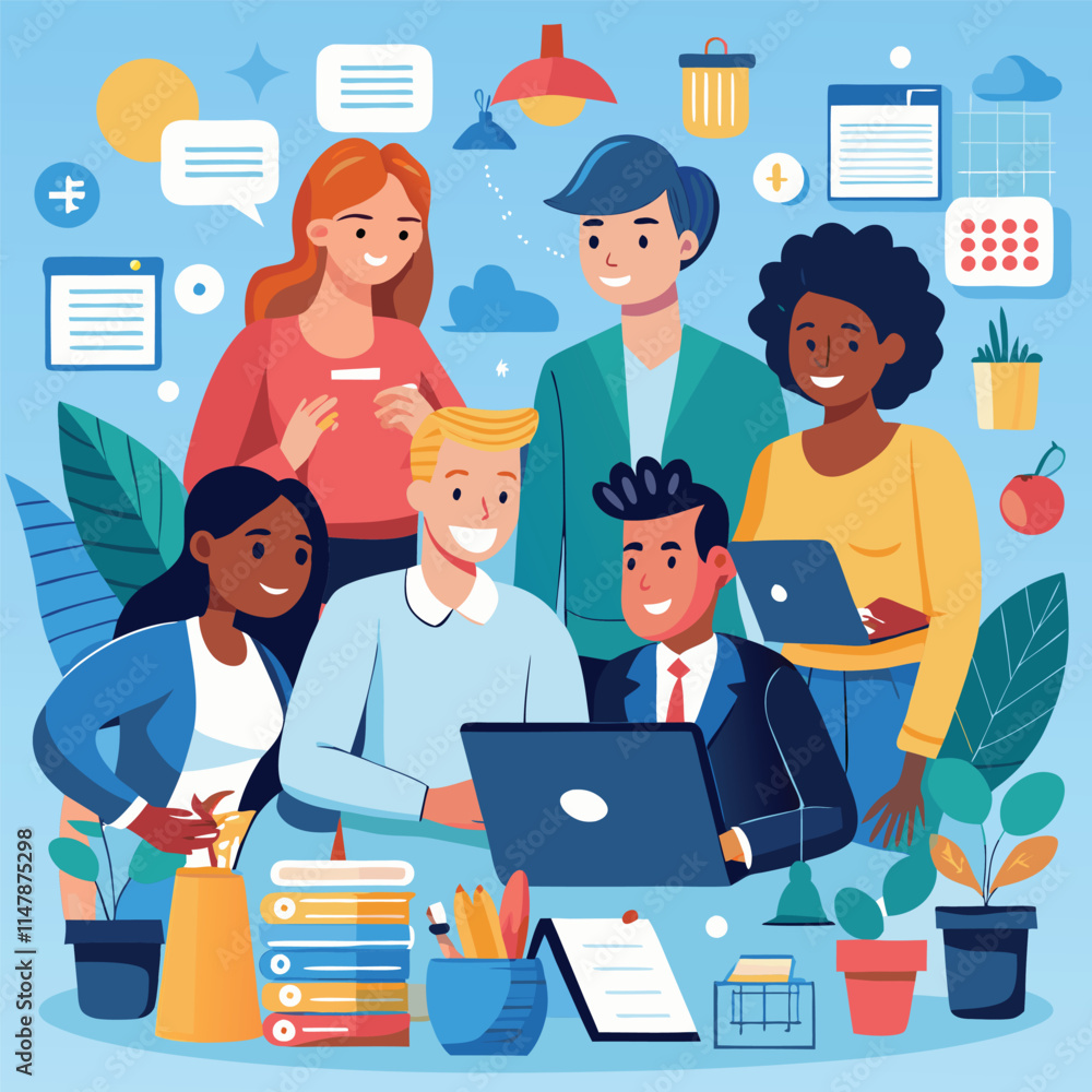 Teamwork, meeting, cooperation, business concept. Young men and women, businessmen make an important decision for the company. Teamwork, meeting, cooperation, business concept. Young men and women, businessmen make an important decision for the company.