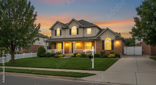 Suburban Home at Dusk Brick Exterior Landscaping Driveway