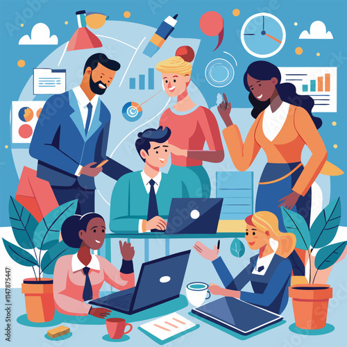 Teamwork, meeting, cooperation, business concept. Young men and women, businessmen make an important decision for the company.