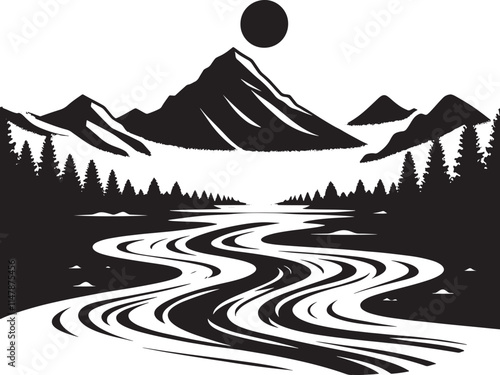 Wallpaper Mural Black and white mountain river landscape. (1) Torontodigital.ca