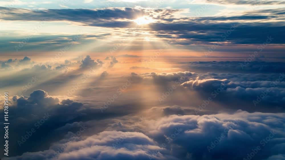 Horizontal shot of a landscape of clouds and sun between the clouds realistic Horizontal shot of a landscape of clouds and sun between the clouds realistic