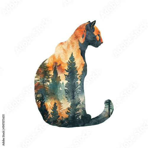 silhouette cougar with forest scene inside vector illustration in watercolor style