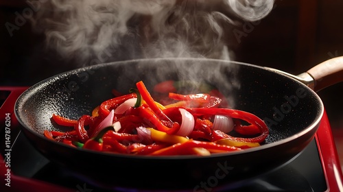 Sizzling peppers and onions in a hot pan with bright steam rising above