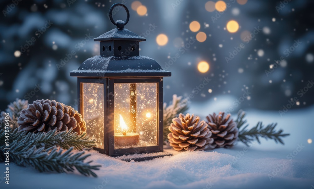 Cozy lantern in snowy winter setting Cozy lantern in snowy winter setting