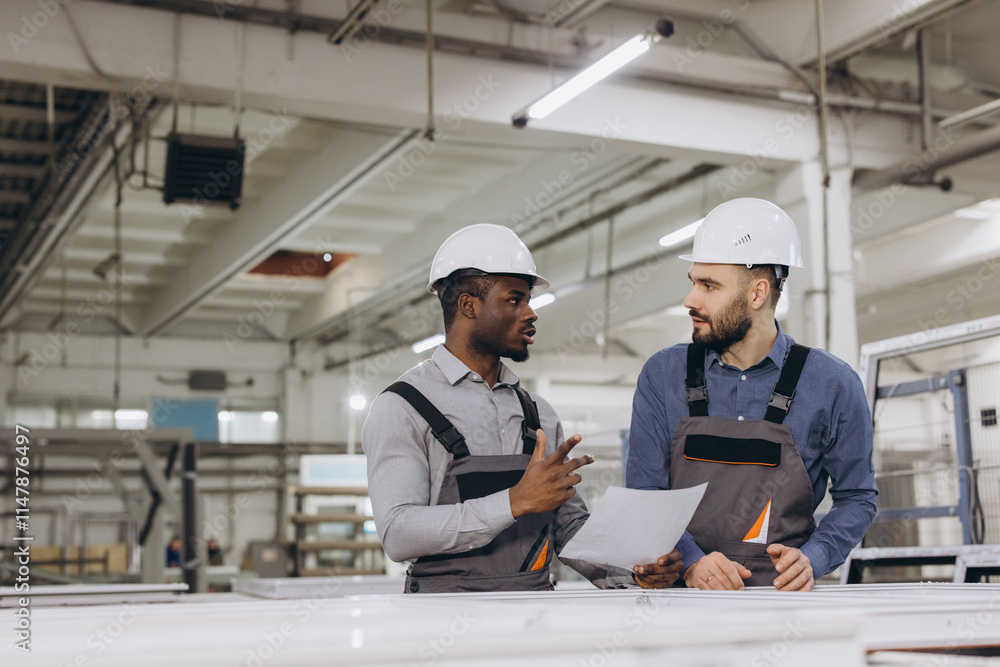 Engineers discussing blueprint in window and door factory Engineers discussing blueprint in window and door factory