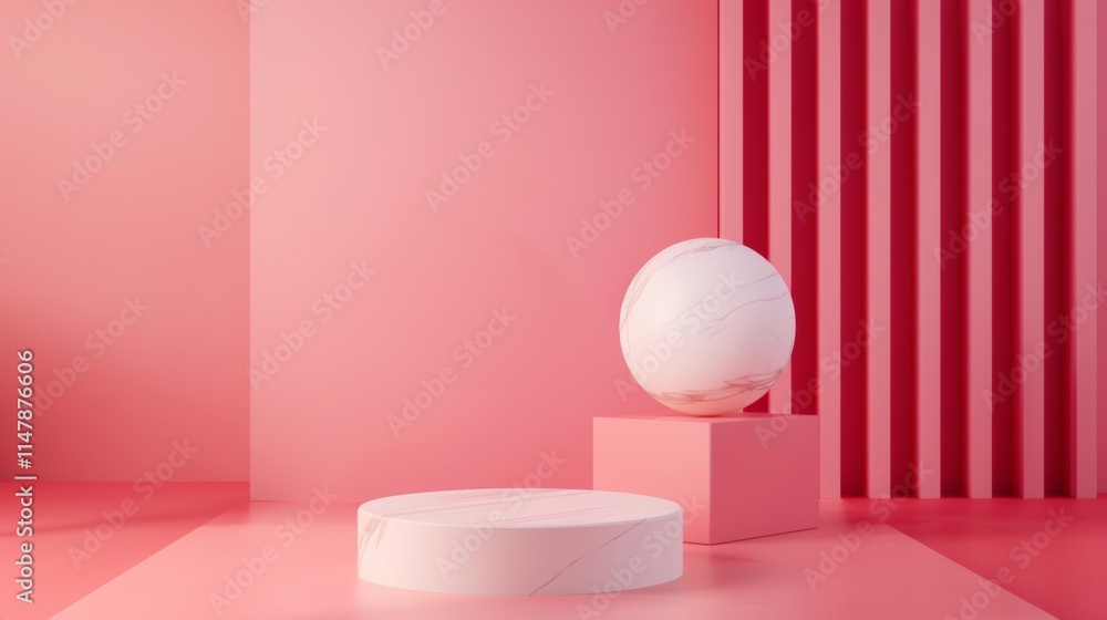 Minimalist white sphere on a geometric pink and red background Minimalist white sphere on a geometric pink and red background