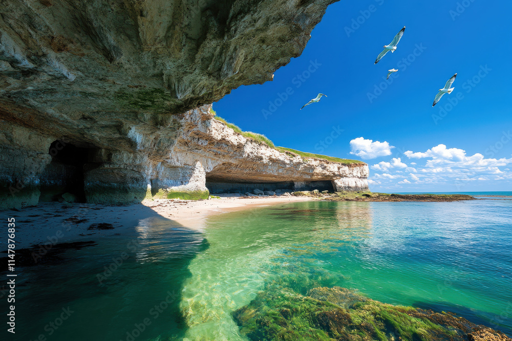 Naklejka premium Seagulls flying over a beautiful beach with turquoise water and white cliffs and caves
