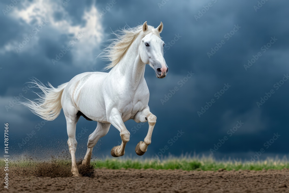 Majestic White Horse Galloping Under Dramatic Cloudy Sky Majestic White Horse Galloping Under Dramatic Cloudy Sky