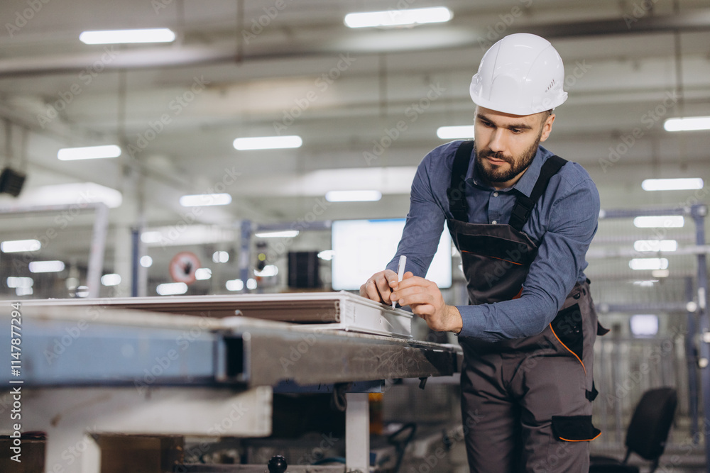Factory worker marking aluminum window frame with marker