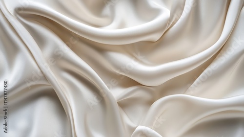 Luxurious wavy fabric satin silk background. Abstract background of cloth with drapery and wavy folds of ivory color creased smooth silk satin material texture