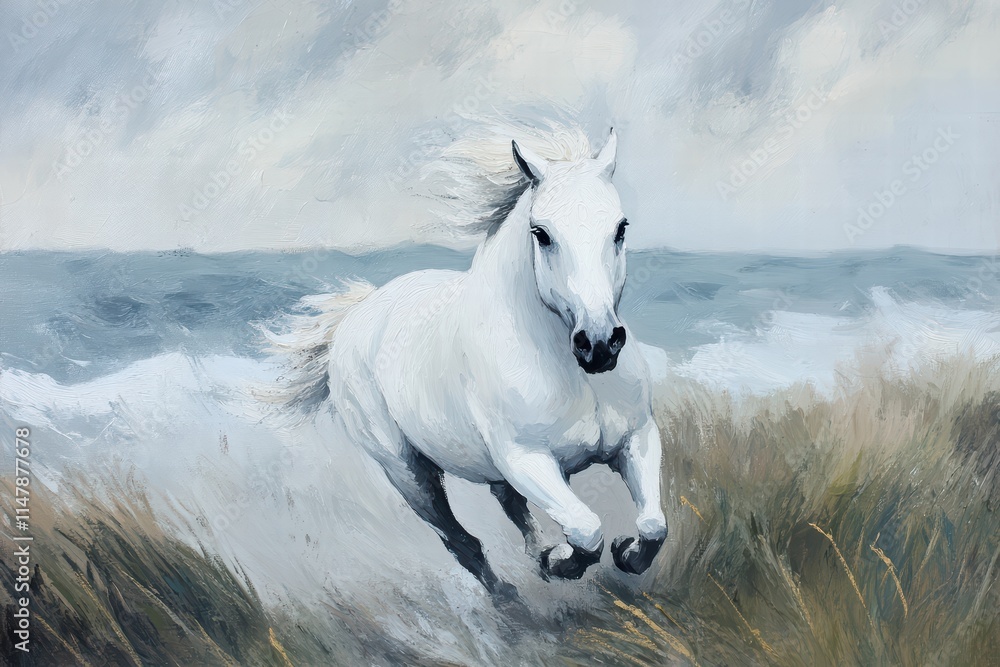 Majestic White Horse Galloping Along the Ocean Beach Landscape Majestic White Horse Galloping Along the Ocean Beach Landscape