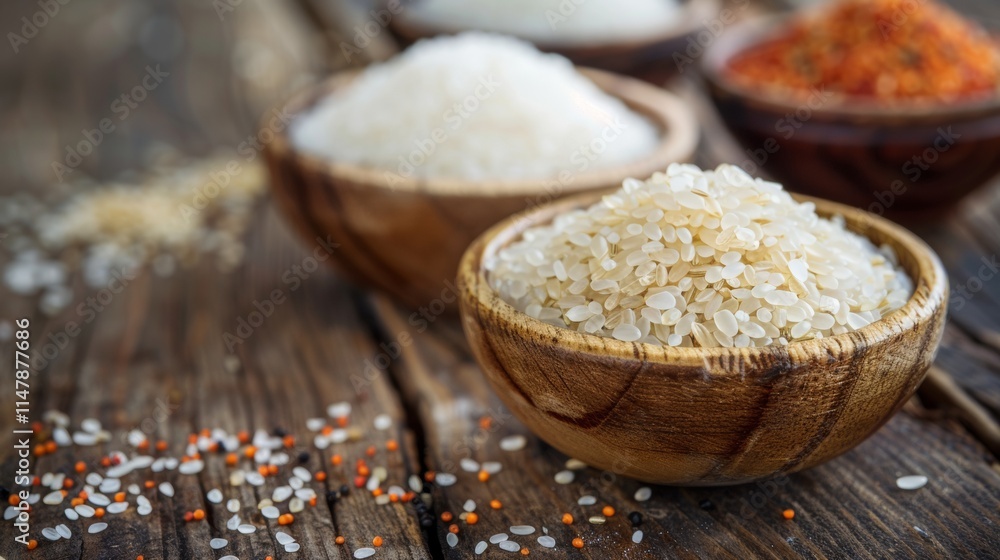 Bowl of rice and grains on a rustic wooden table Bowl of rice and grains on a rustic wooden table