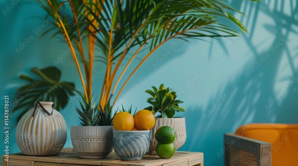Obraz premium Tropical plants and fresh fruits in a modern setting