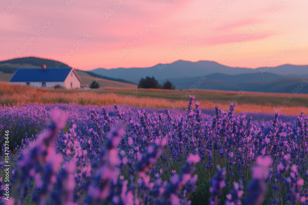 Obraz premium Lavender field blooming at sunset with farmhouse and mountains in background