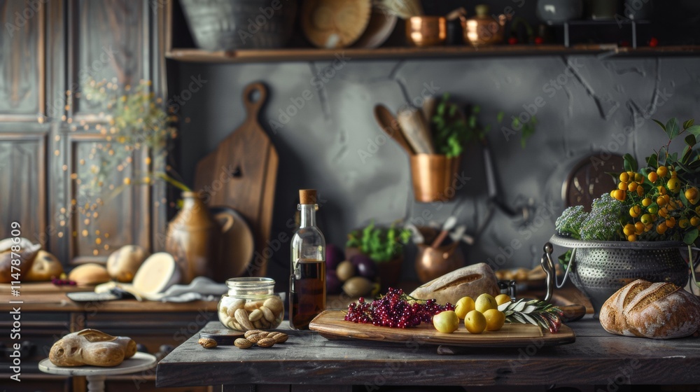 Fototapeta premium Rustic kitchen counter with fresh ingredients and utensils