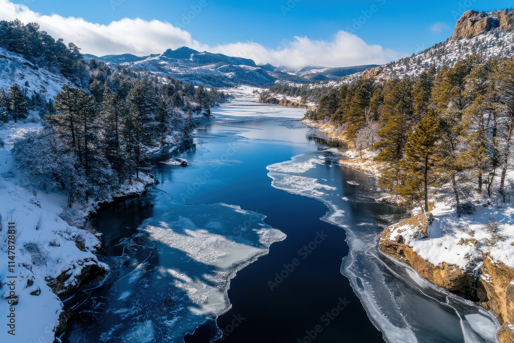 Partially frozen river flowing through snowy landscape in Colorado Partially frozen river flowing through snowy landscape in Colorado