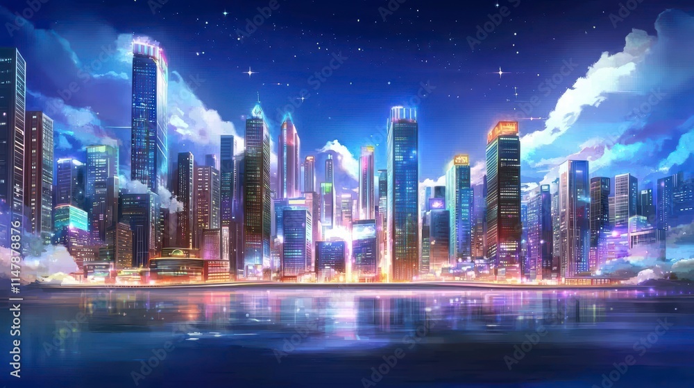 Obraz premium Dynamic cityscape at night urban landscape digital art vibrant environment aerial view futuristic concept