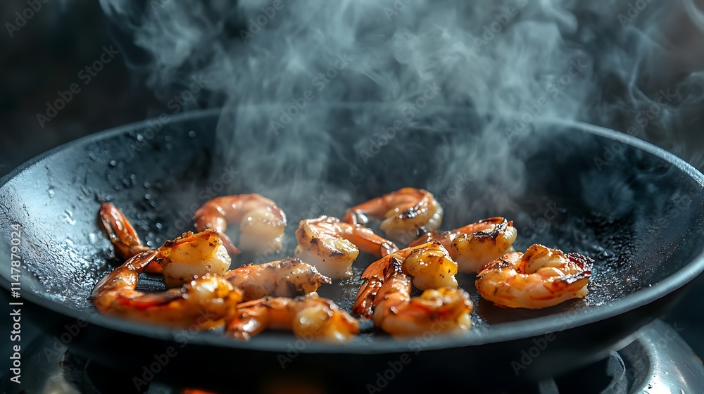 Fresh stir-fried shrimp sizzling in a hot pan with gentle steam rising above Fresh stir-fried shrimp sizzling in a hot pan with gentle steam rising above