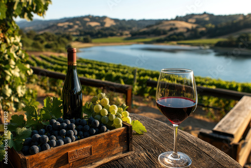 Glass and bottle of red wine standing on wooden table with grapes in vineyard overlooking lake and hills at sunset