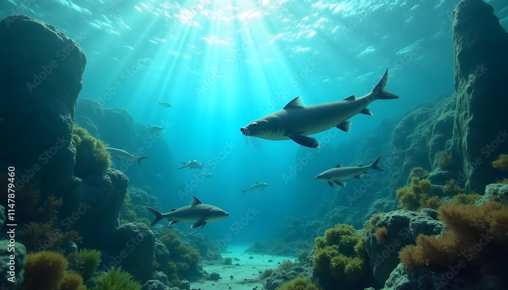 Obraz premium Baikal Underwater World: Image of clear water with visibility of underwater plants and unique inhabitants such as Baikal seal and omul.