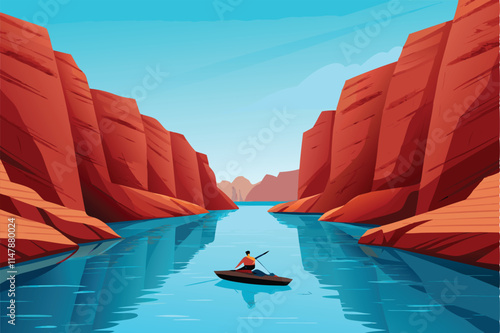 A lone kayaker serenely paddles a kayak across a tranquil river, surrounded by lush green vegetation and calm, reflective water.