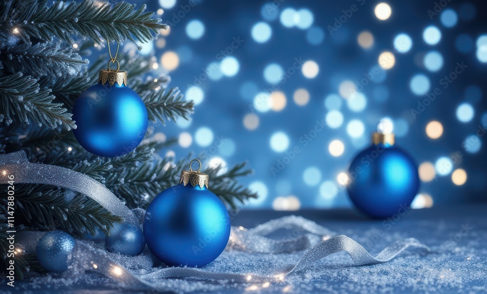 Christmas tree with blue ornaments and lights Christmas tree with blue ornaments and lights