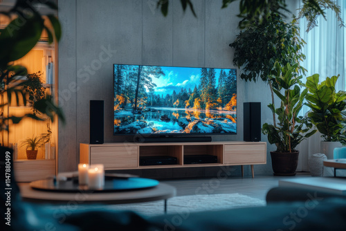 Modern living room with large television showing beautiful nature landscape