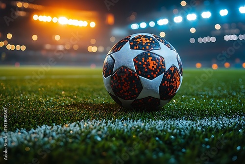 Soccer Ball on a Stadium Field at Night